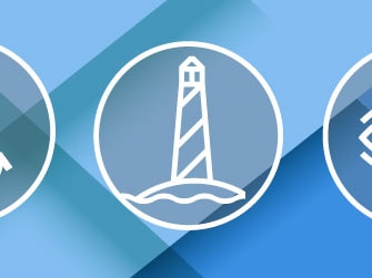 Three icons—a lighthouse, an anchor, and an eye—are set against a blue geometric Medbridge background.