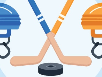 Two crossed hockey sticks with a puck, a blue helmet on the left, and an orange helmet on the right.