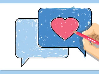 A hand colors a heart in a speech bubble with art supplies, on a blue background, for Medbridge.