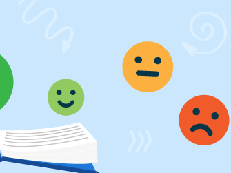 An open book with floating colorful emoticons on a swirly blue background.