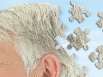 Illustration of an older man's head with puzzle pieces dispersing, symbolizing memory loss, on a blue sky background for medbridge.