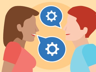 Illustration of a woman and man with speech bubbles showing gears, symbolizing communication, for medbridge.