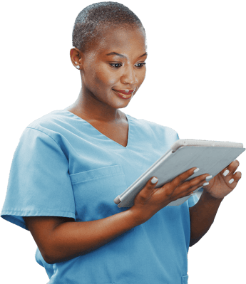 Person in blue medical scrubs using a Medbridge tablet.