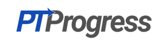 Text reads 'PT Progress' with a blue arrow in the 'T,' symbolizing advancement and innovation in patient care software or hybrid care solutions.