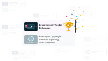 Highlighted “Lower Extremity Tendon Pathologies” course on medbridge with a trophy, confetti, and a partially visible “Esophageal Dysphagia” course in the background.