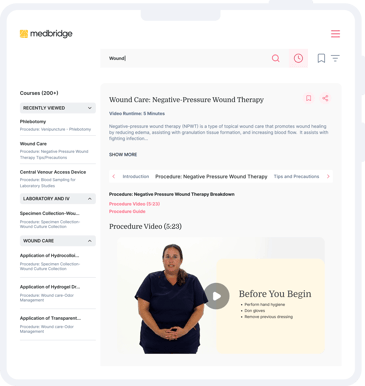 Screenshot of a medbridge course page on negative-pressure wound therapy with a "Before You Begin" video thumbnail and related courses sidebar.