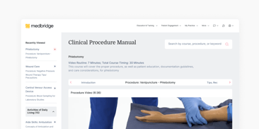 Screenshot of a medbridge webpage showing a venipuncture procedure video on an arm model.