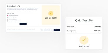 Quiz interface confirms correct answer with 20 points, meeting passing score, and a success tick mark on medbridge.