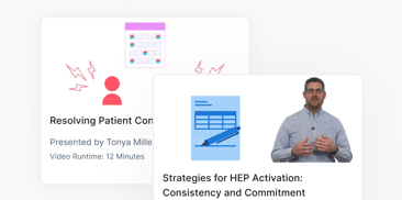 Two presentation slides on "Resolving Patient Concerns" with a red icon and "Strategies for HEP Activation" with a speaker and a blue icon, from medbridge.