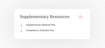 The Medbridge menu for "Supplementary Resources" offers downloads for supplementary materials and competency checklists, with an upward arrow on the right.