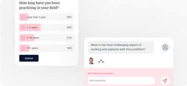 Survey results on years of practice with percentages, and a chat prompt about patient challenges from medbridge.