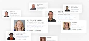 Profile cards collage of professionals from medbridge with qualifications and contact info.