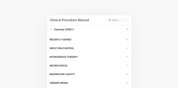 Screenshot of a Clinical Procedure Manual on medbridge with a search bar and collapsible course categories.