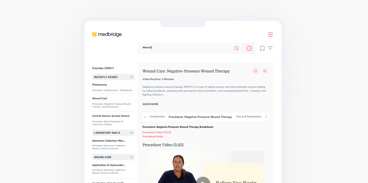 Tablet showing a Medbridge course webpage on "Wound Care: Negative-Pressure Wound Therapy," 15:46 minutes.