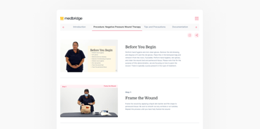 Two Medbridge instructional videos on negative pressure wound therapy, titled "Before You Begin" and "Step 1, Frame the Wound," show procedure demonstrations.