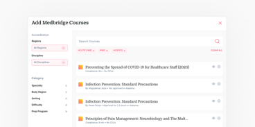 A webpage titled "Add medbridge Courses" shows a list of digital healthcare training courses and filters.