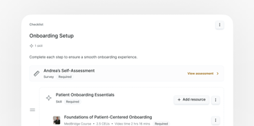 A Medbridge onboarding screen shows patient onboarding steps and resource options for healthcare training.