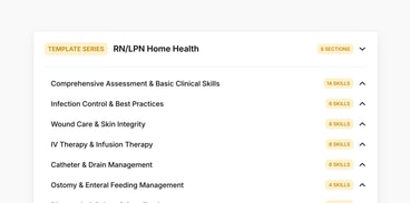 Medbridge RN/LPN home health training topics and skill counts for key clinical areas.