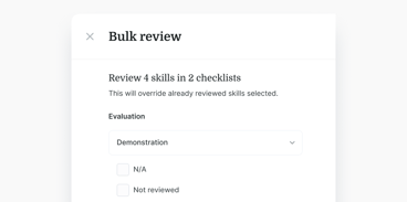 A modal titled "Bulk review" in the medbridge platform shows options to review multiple skills and checklists.