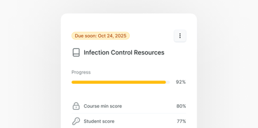 Medbridge dashboard card for Infection Control Resources: 92% progress, due Oct 24, 2025, minimum score 80%, student score 77%.