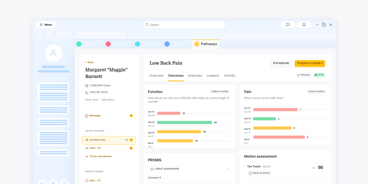A medbridge dashboard shows a patient profile, messages, pain episode details, metrics, and tabs for digital healthcare.