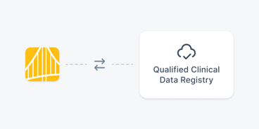 Yellow bridge icon with arrows points to a cloud labeled "Qualified Clinical Data Registry" on white, showing digital data transfer.