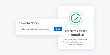A screen shows a digital healthcare outcomes assessment prompt with a start button and thank you message from medbridge.