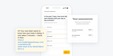 A smartphone shows a Medbridge pain survey, a pop-up link, and a sidebar with upcoming and completed healthcare assessments.