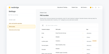 Medbridge settings page showing the PRO bundles configuration table.