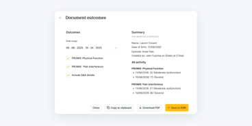 Medbridge document outcomes window showing patient assessment summaries and score history.