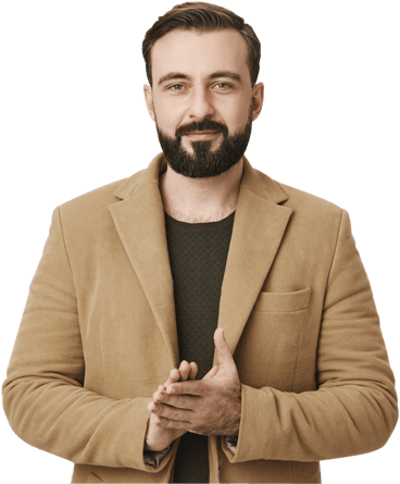 A bearded man in a beige blazer represents medbridge hybrid care with a poised stance.