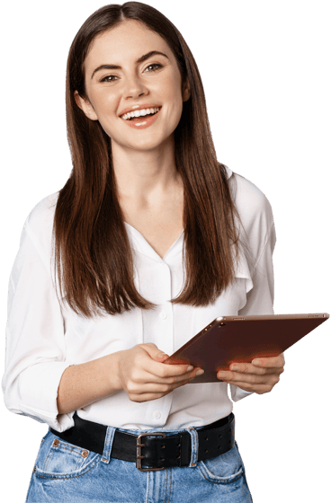A woman in casual attire holds a tablet, representing digital healthcare via Medbridge.