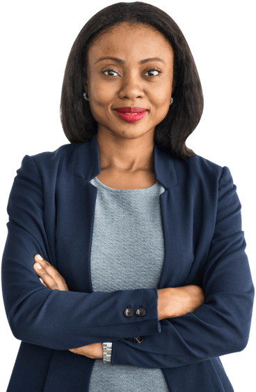 A confident woman in a navy blazer and gray dress stands for digital healthcare advancements at medbridge.