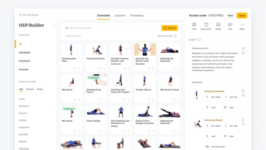 A Medbridge web interface shows exercise thumbnails, filters, and details for a selected exercise.