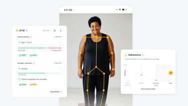 A woman stands on a yoga mat with body tracking points and medbridge patient monitoring graphics.