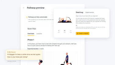 A digital interface shows a knee pain exercise program in medbridge, featuring the "Dead bug" exercise and a chat message.