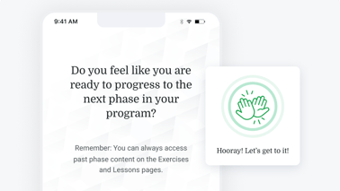 A medbridge app screen shows a message about progressing in a digital healthcare program, with a "Hooray! Let’s get to it!" pop-up and high five icon.