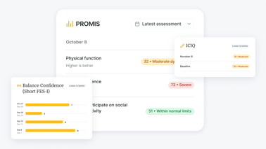 A medbridge dashboard shows color-coded scores for physical function, balance, and ICIQ with dates.