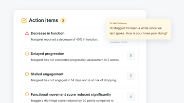 A Medbridge dashboard shows care actions and a message from Dr. Paterson about knee pain.