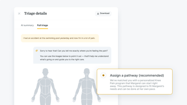A medbridge triage report shows a patient's injury details, pain location, and suggested care pathway.