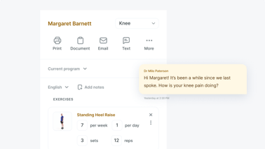 A digital dashboard in Medbridge shows Margaret Barnett’s knee exercise program and a chat about her knee pain.