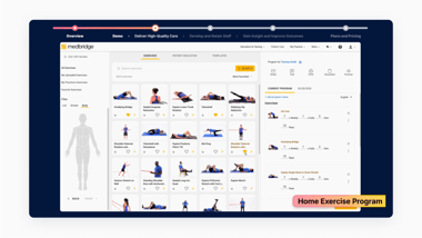Digital medbridge exercise program with thumbnails, instructions, and patient summary on a desktop screen.