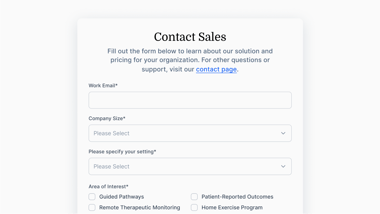 Screenshot of a medbridge contact sales form with fields for email, company size, setting, and interest, plus options for healthcare training and hybrid care.