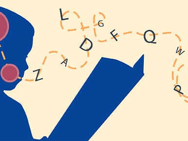 Silhouette of a person reading with letters and arrows, symbolizing learning, for medbridge.