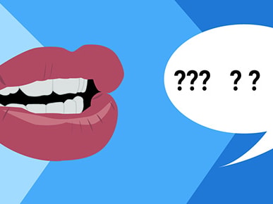 Illustration of red lips speaking with a question-mark speech bubble on a blue background.