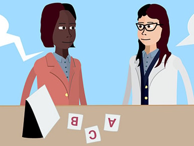 Two cartoon characters with speech bubbles stand at a table displaying a flipped black card and letters A, B, C, representing medbridge.
