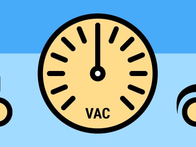 VAC gauge illustration with upward needle, flanked by symbols, on blue background for medbridge.