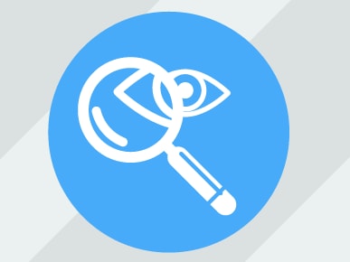 Icon of a magnifying glass and eye on a blue circle with gray stripes, representing Medbridge.