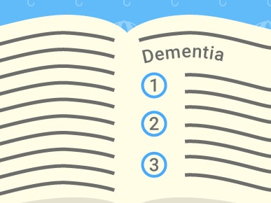 Open book illustration on dementia with numbered points, set against a blue umbrella pattern; medbridge context.