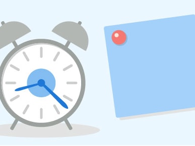 Gray alarm clock at 7:00 beside a blue sticky note pinned with red, medbridge context.